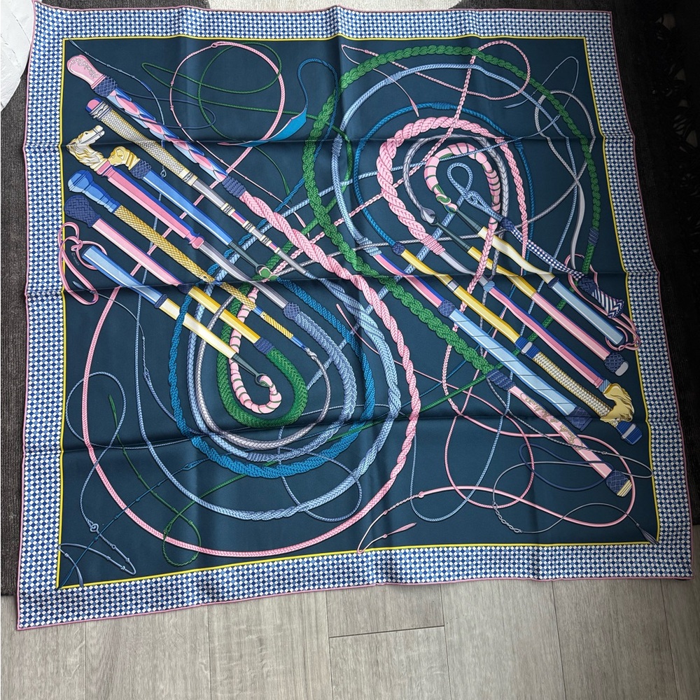 1000% authentic Hermes Fouets et Badines Silk 100% Bleu Petrole